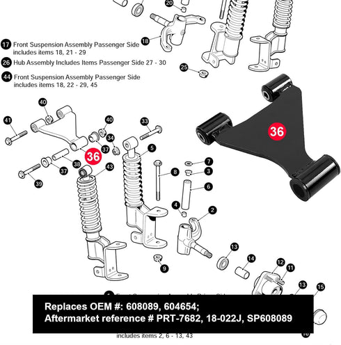 Roykaw Front A-Arm Assembly for EZGO RXV 2008-up Gas & Electric Models - OEM# 608089, 604654, 601340, 602085