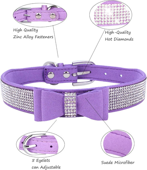 Adjustable Leather Suede Rhinestone Dog Collar, Bling Diamond Bow Tie Collars for Small Medium Large Dogs