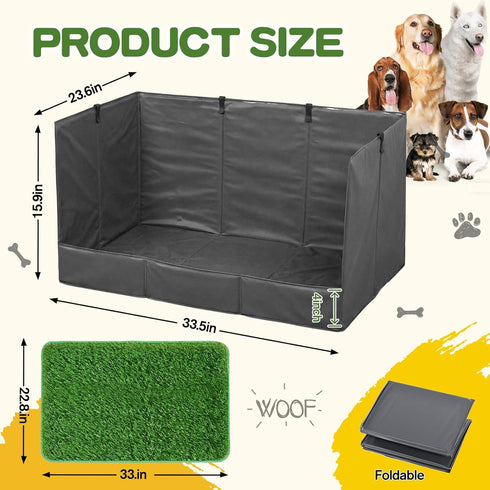 Bhyhok 33.5"23.6"15.9" 4-Inch High Walls Dog Potty Tray with Artificial Grass, Foldable Dog Pee Pad Holder with Baffle