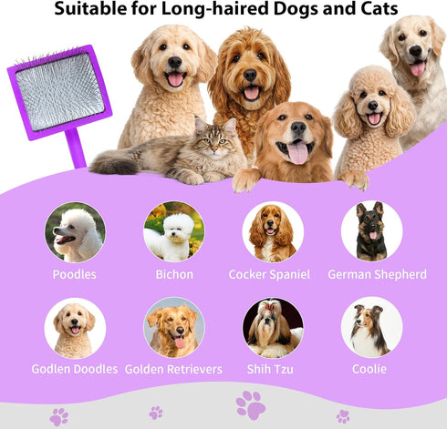 Dog Slicker Brush for Goldendoodles, Poodles & Long Haired Dogs - Long Pin Doodle Brush & Pet Comb Kit Removes Tangles