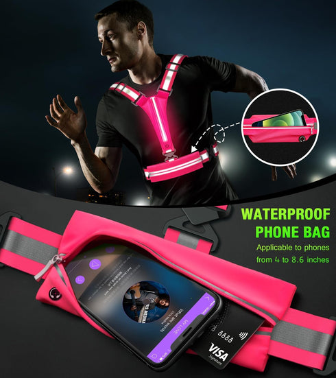 LED Reflective Vest Running Gear Set, USB Rechargeable Light Up Vest for Night Walking, Waterproof Phone Bag & Armband