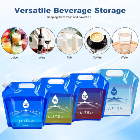 Water Container Bags, 4 Packs BPA Free No-Leak Foldable Plastic 1.3 Gallon Water Container Bag for Camping Hiking Backpack Emergency Storage Jug by SOCATER