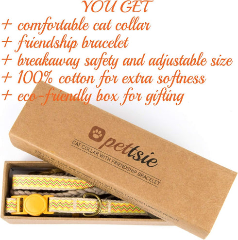 Pettsie Breakaway Cat Collar & Matching Friendship Bracelet, Soft Cotton Adjustable 7.5"-11.5", Yellow