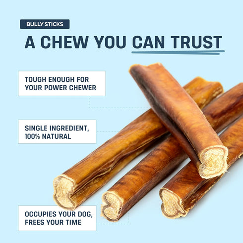6 12 Count, 100% Big Lu - Bully Sticks, Long-Lasting, Low-Odor, Grass-Fed Beef Chews for All Dog Breeds, Natural