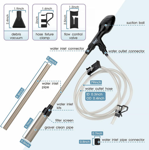 hygger Small Gravel Vacuum for Aquarium, Manual 80GPH Cleaner, Low Water Level Changer with Adjustable Length