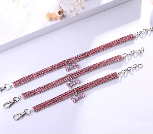 Rhinestone Pet Collar - Sparkling 3 Rows Crystal Diamond Adjustable Wedding Collar, Puppy Girl Bling Necklace for Small