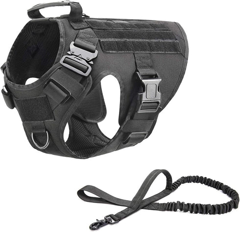 Tactical Dog Harness Vest with Handle, Military Working Training Molle Vest, Black Harness with Leash and Metal Buckles