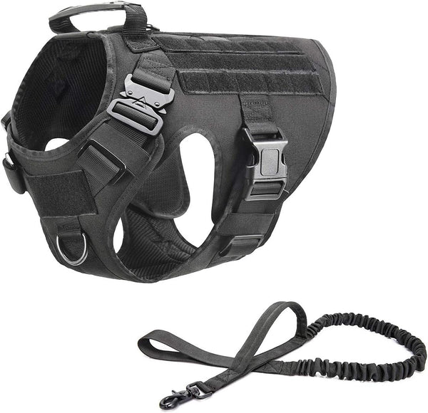 Tactical Dog Harness Vest with Handle, Military Working Training Molle Vest, Black Harness with Leash and Metal Buckles