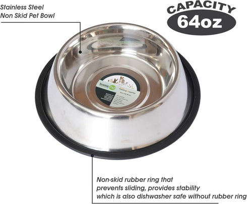 ICONIC PET 64 oz Stainless Steel Non Skid Pet Food/Water Bowl with Rubber Ring, Dishwasher Safe, Noise Free