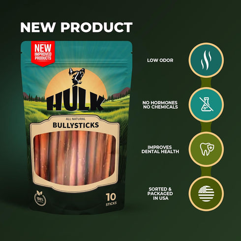 HULK Pet Products 6-inch (Pack 10), 100% Bully Sticks for Dogs of Natural Scent & Long Lasting Dog Dental Chews All