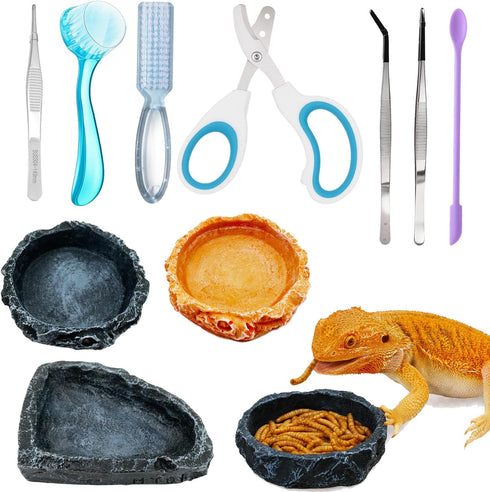 Enochainchin Bearded Dragon Tank Accessories Kit 10pcs Reptile Water Food Bowl, Feeding Tongs