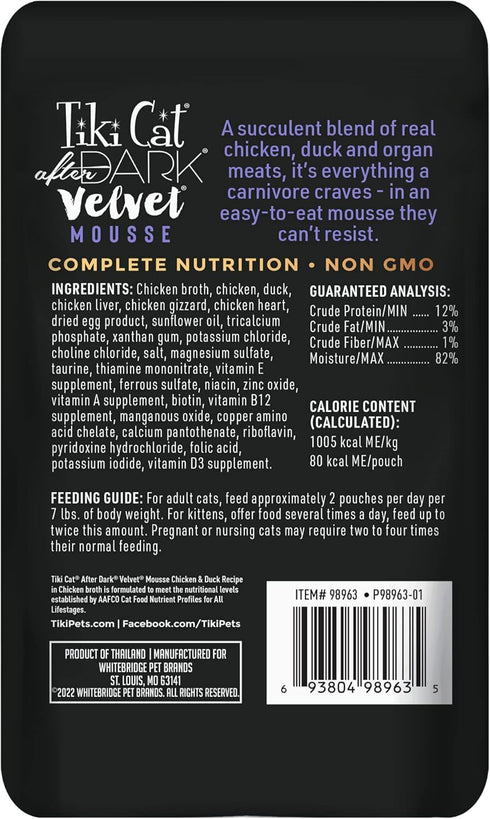 Tiki Cat After Dark Velvet Mousse, Chicken & Duck Recipe in Chicken Broth, 2.8 oz. Pouch (Pack of 12)