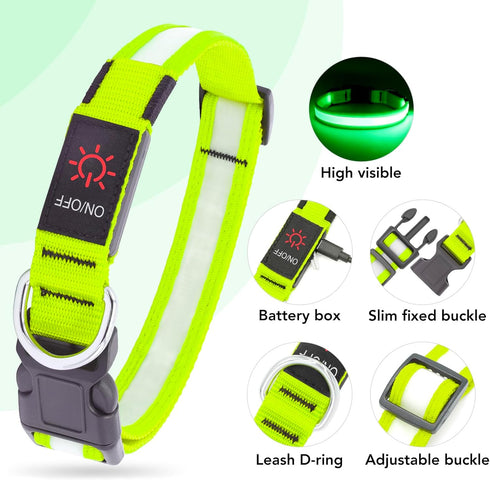 LED Dog Collar, Light Up Adjustable USB Rechargeable Safety Glowing Collars for Dogs (Medium, Green)