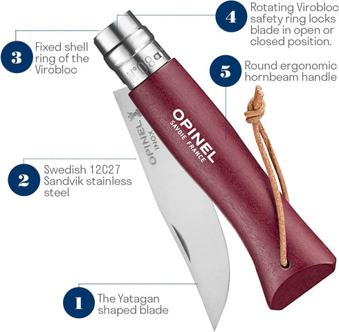 Opinel Colorama Series No. 8 Folding Pocket Knife, Stainless Steel with Leather Strap, Painted Hornbeam Handles