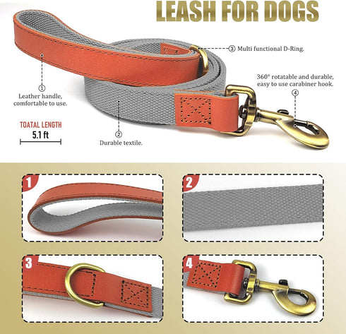 QRDA Dog Collar and Leash Set in Silver Gray, Adjustable Durable Nylon Collars with Tactical Breakaway Leash for All