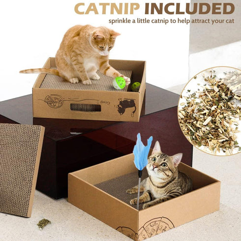 2 Pack Cat Scratcher Box with 3 PCS Scratching Pads, Reversible Cardboard Lounge Bed with Feather Toy