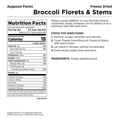 34 30 Freeze Dried Broccoli Florets and Stems Emergency Food Supply, Servings, Year Shelf Life, Good Source of Vitamin