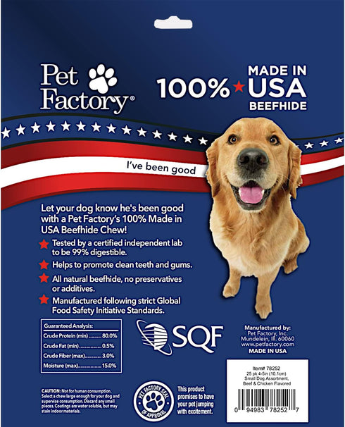 100% 4-6" 25 Count/1 Pack Pet Factory Made in USA Beefhide Assorted (Bones & Chip Rolls) Dog Chew Treats - Beef