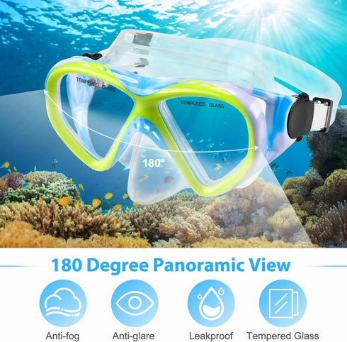 Kids Snorkel Set, Dry Top Snorkeling Gear for Youth Boys Girls Age 5-15, Tempered Glass Mask and Snorkel