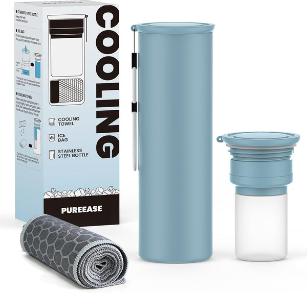 PUREEASE COOLING STATION 3-in-1 Portable Kit: Insulated Stainless Steel Bottle with Reusable Ice