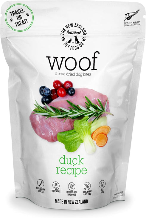 Woof Freeze Dried Dog Food, Duck Recipe, High Protein Complete Diet for All Life Stages - 1.76 oz