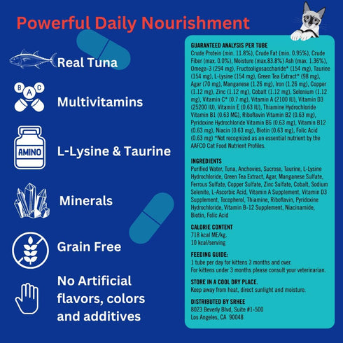Lickable Cat Treats - Real Tuna Multivitamin Puree with Lysine & Taurine for Indoor Cats, 12 Pack