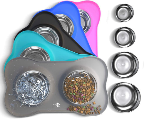 Active Pets Dog Bowl Set, Stainless Steel No Spill Food & Water Bowls with Skid Resistant Silicone Mat, Small, Medium,