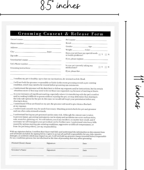 Pet Grooming Intake Forms, Consent & Release, Matted Coat Clip-Off Agreement, Pet Report Card | 50 pk, 8.5x11”