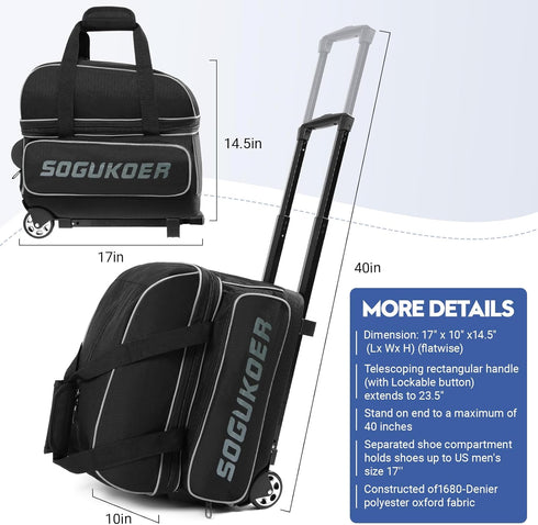 SOGUKOER 2 39.5" Bowling ball Bag with Wheels, Lightweight Trolley Double Ball Bowling bag with Large Separate Shoe
