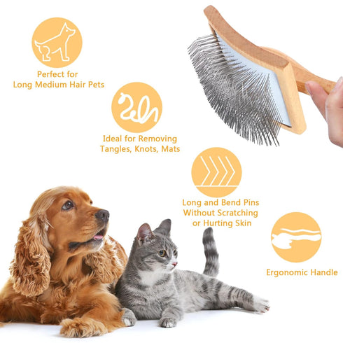 Dog Slicker Brush for Long Haired Dogs, Ergonomic Wooden Handle Grooming Brush for Goldendoodles, Wood