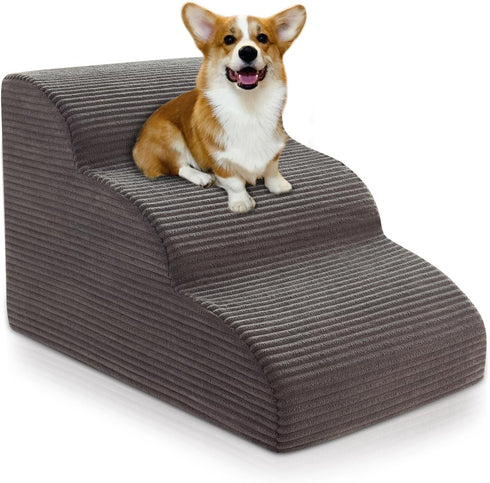 Curved Dog Stairs Ramp for Beds, Couches, and Chair, 15.7" H, 3-Step Non-Slip Pet Stairs for Small Dogs, Deep Grey