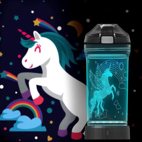 Kids Water Bottle with 3D Glowing Unicorn Illusion LED Light - 14 oz - Creative Gift for Girls
