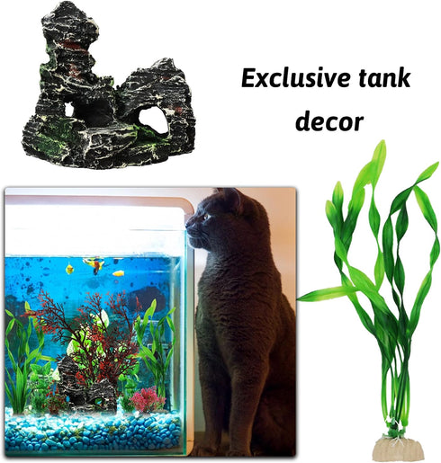 Fish Tank Decorations Plants with Resin Cave Rock View, 9pcs Plastic Aquarium Accessories, Fish Cave and Hideout