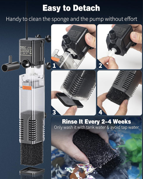 Pawfly Internal Aquarium Filter, 160 GPH Water Pump, Quiet Submersible Bio Sponge Filter