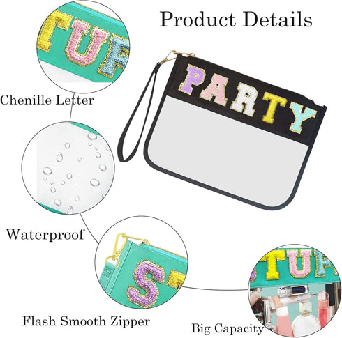 Jakiro Chenille Letter Clear Bag Zipper Pouch for Party | Preppy Makeup Bag Clear Cosmetic Toiletry Bag with Wrist