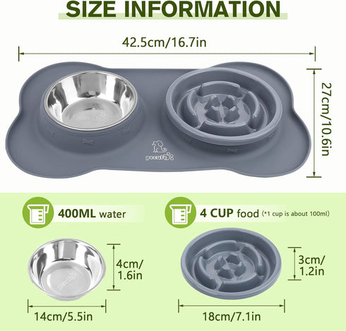 Pecute Slow Feeder Dog Bowls, Non-Spill Silicone Mat, Food-Grade Safe Bowls, Stainless Steel Water Bowl