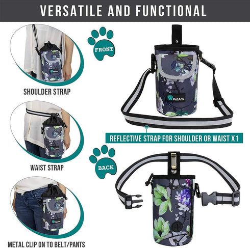 PetAmi Dog Treat Pouch, Large Training Treat Pouch with Pocket, Dog Trainer Essentials Supply Holder (Floral Grey)