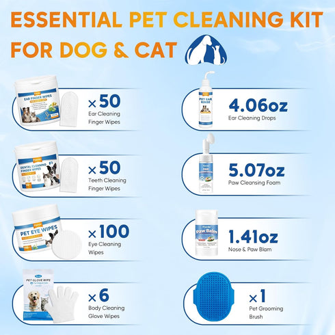 Pet Grooming Deodorizing Wipes for Dogs & Cats, Essential Supplies Set: Teeth, Ears, Eyes, Paw Cleaner, Balm, Rinse