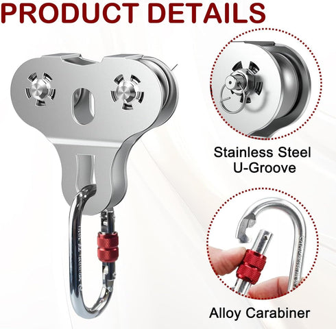 Zipline Pulley with Carabiner and Handle | 304 Stainless Steel Tandem Speed Double Pulley for 1/4 5/16 3/8 Cable