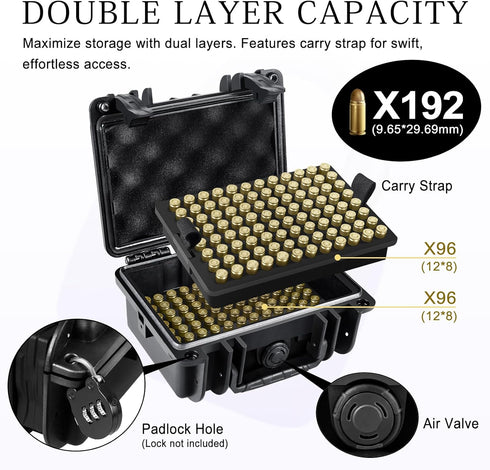 FUNANASUN 192 Round Ammo Storage Box, Waterproof 9mm Ammo Case, Locking Storage Case for Range Day and Outdoor Adventure