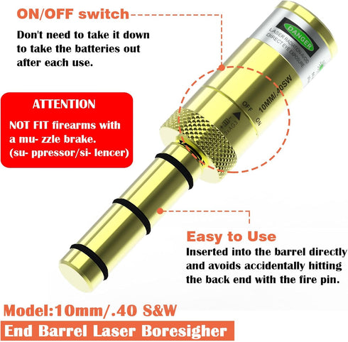 Laser Boresighter End Barrel, 9mm/.38/.22/.223/5.56/.357Mag/.380acp/.17hmr/.177cal/10mm/cal.40S&W