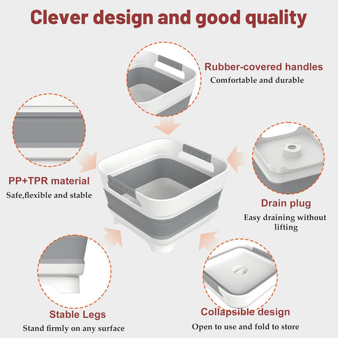 2.4 Plug,9L MontNorth Gal Collapsbile Wash Basin with Drian Dish Pan for Soaking Baby Bottles,Portable Sink, Multiuse