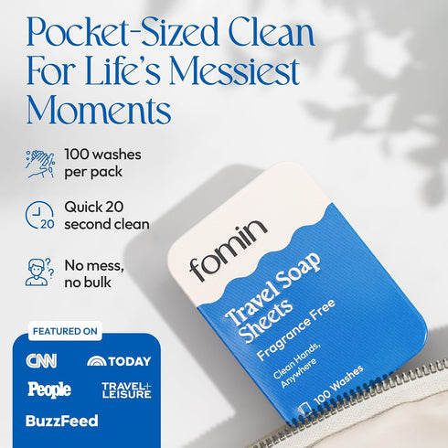 300 FOMIN - Antibacterial Paper Soap Sheets for Traveling - Unscented Portable Hand Soap Sheets for Travel in Tin