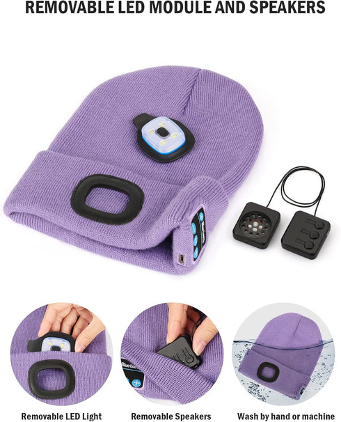 Wmcaps Bluetooth Beanie with Light, Unisex USB Rechargeable 4 LED Hat with Cordless Headphones, Unique Gifts for Men