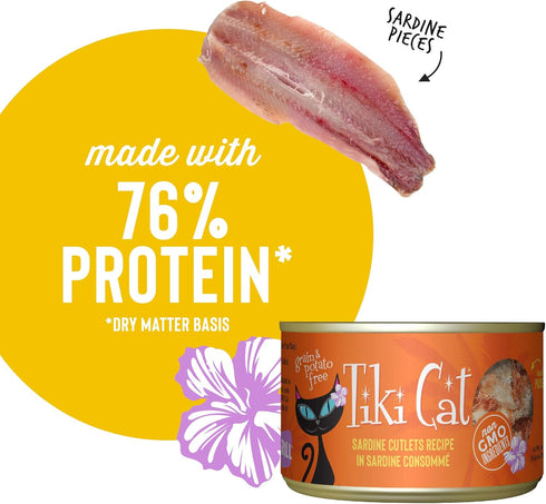 Tiki Cat Grill Sardine Cutlets, High-Protein Non-GMO Wet Cat Food for All Life Stages, 6 oz Cans (Pack of 8)