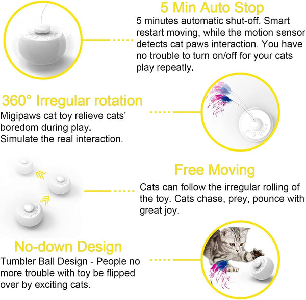 Migipaws Interactive Cat Toys, Butterfly & Feather Kitten Toy, Automatic Spinning Ball for Indoor Bored Cats, 3
