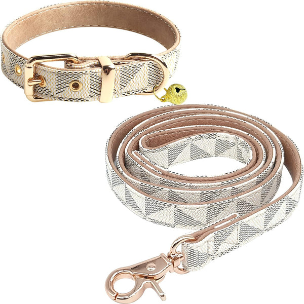 KUDES Dog Leather Collar and 4 ft Leash Set - Adjustable Basic Collar with Bell, Checkered Pattern for Small Medium