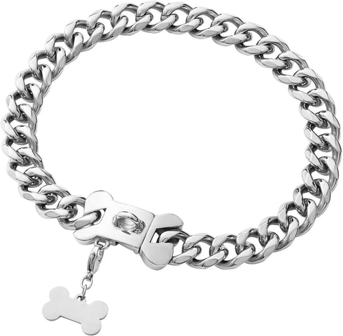 Heavy Duty Stainless Steel Cuban Silver Link Dog Collar, Personalized Dog Tag, for Small Medium Large Dogs