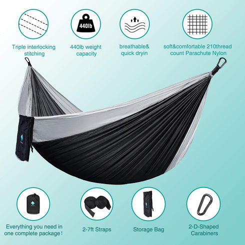 Hammock Camping, Portable Single/Double Hammocks for Outdoor Hiking, 210D Nylon Hammock Swing (Black/Gray)