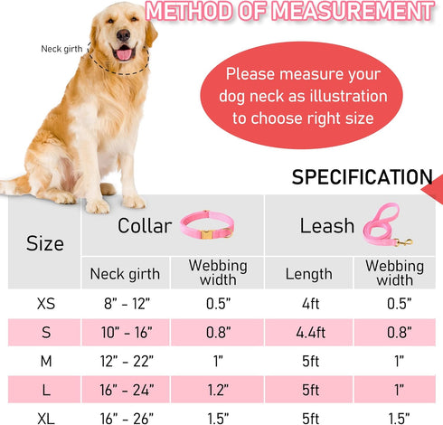 GAMUDA Velvet Dog Collar and Leash - Super Soft Heavy Duty Gold Buckle, Adjustable Easy to Clean (XL, Pink)